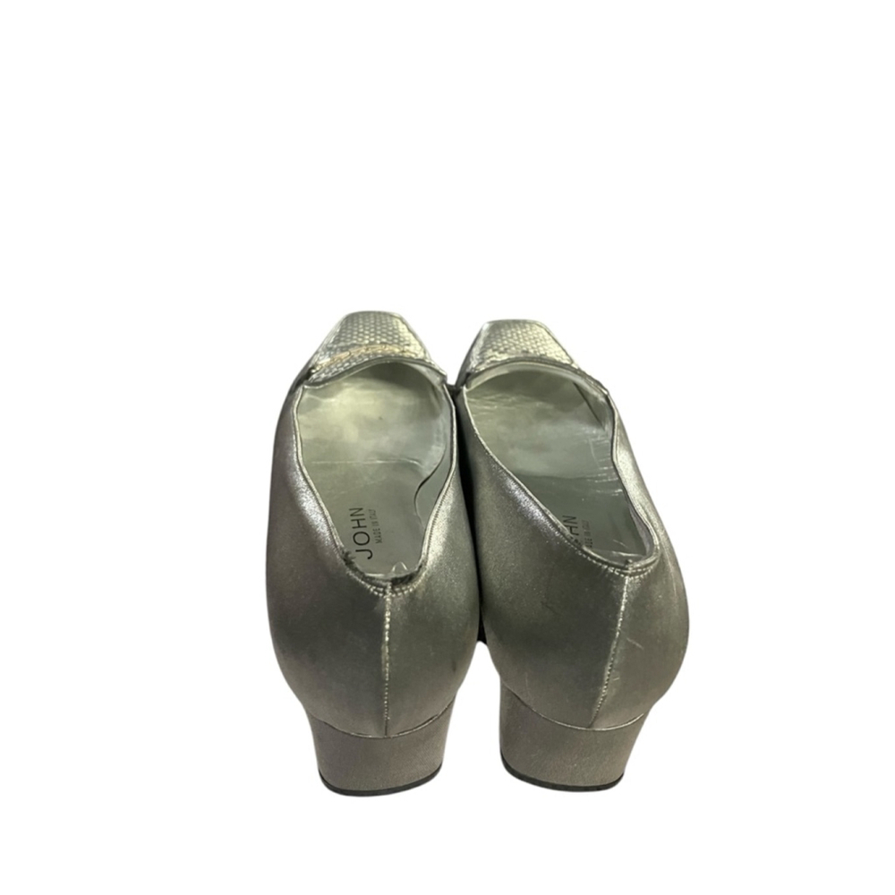 St. John Silver Metallic Square Toe Loafers Size 9M Block Heel Designer Shoes - Picture 8 of 11